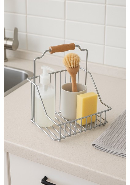 Silver Ahşap Kulplu Retro Sepet, Şık Çok Amaçlı Düzenleyici Organizer