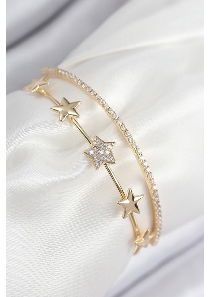 Pirinç Zirkon Taşlı Yıldız Model Gold Renk Kadın Bileklik