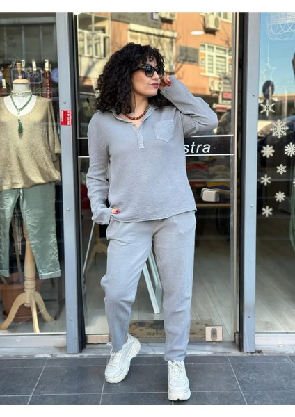 Kadın Gömlek Petek Doku Oversize Kesim Kolları Düğme Detay Gömlek Yaka %100 Pamuk Premium Dokuma