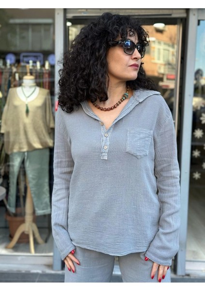 Kadın Gömlek Petek Doku Oversize Kesim Kolları Düğme Detay Gömlek Yaka %100 Pamuk Premium Dokuma fırsatları