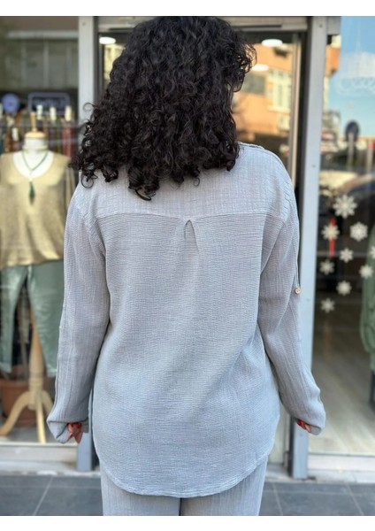 Kadın Gömlek Petek Doku Oversize Kesim Kolları Düğme Detay Gömlek Yaka %100 Pamuk Premium Dokuma indirimleri