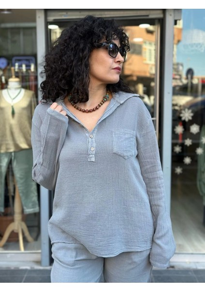 Kadın Gömlek Petek Doku Oversize Kesim Kolları Düğme Detay Gömlek Yaka %100 Pamuk Premium Dokuma