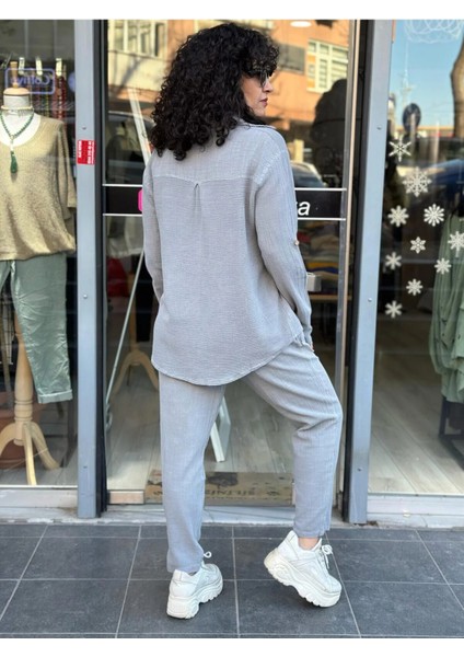 Kadın Gömlek Petek Doku Oversize Kesim Kolları Düğme Detay Gömlek Yaka %100 Pamuk Premium Dokuma