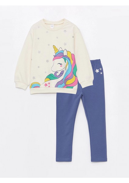 Lcw Kids Ekru Bisiklet Yaka Uzun Kollu Kız Bebek Sweatshirt ve Eşofman Alt 2'li Takım