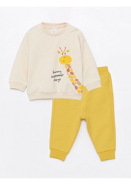 Lcw Baby Bej Bisiklet Yaka Uzun Kollu Baskılı Erkek Bebek Sweatshirt ve Eşofman Altı 2'li Takım