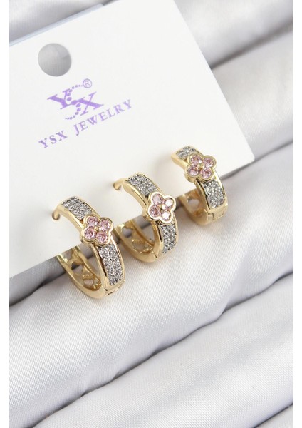 Pirinç Zirkon Taşlı 3lü Halka Yonca Model Gold ve Gümüş Renk Kadın Küpe - PRT3500EB08399