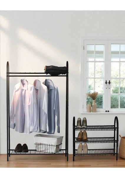 Dekoratif 2’li Set Siyah Metal 2 Raflı Elbise Askılığı ve 3 Raflı Ayakkabılık 2 Ürün Bir Arada