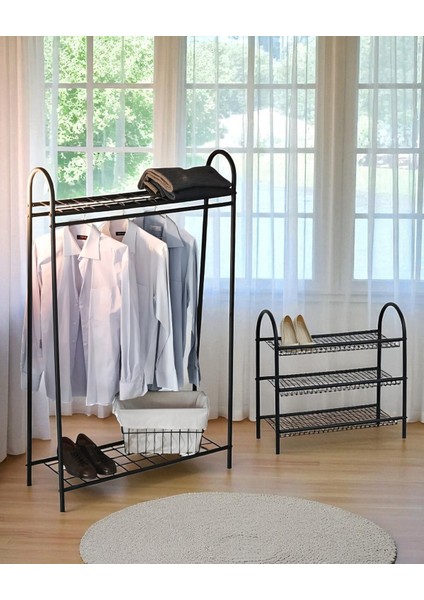 Dekoratif 2’li Set Siyah Metal 2 Raflı Elbise Askılığı ve 3 Raflı Ayakkabılık 2 Ürün Bir Arada fiyatları