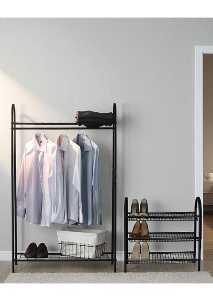 Dekoratif 2’li Set Siyah Metal 2 Raflı Elbise Askılığı ve 3 Raflı Ayakkabılık 2 Ürün Bir Arada modelleri