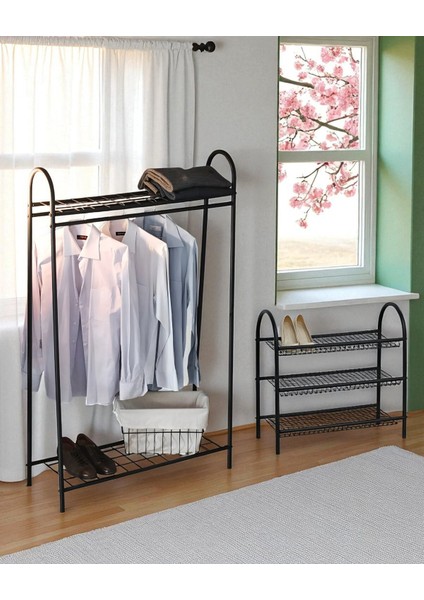 Dekoratif 2’li Set Siyah Metal 2 Raflı Elbise Askılığı ve 3 Raflı Ayakkabılık 2 Ürün Bir Arada fırsatları