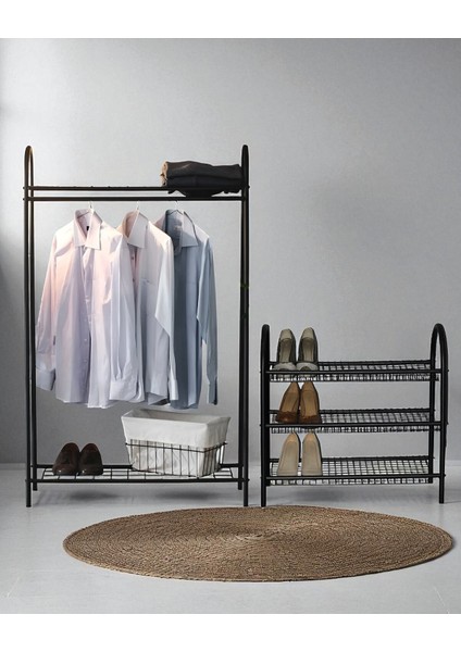 Dekoratif 2’li Set Siyah Metal 2 Raflı Elbise Askılığı ve 3 Raflı Ayakkabılık 2 Ürün Bir Arada