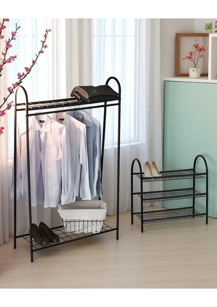 Dekoratif 2’li Set Siyah Metal 2 Raflı Elbise Askılığı ve 3 Raflı Ayakkabılık 2 Ürün Bir Arada