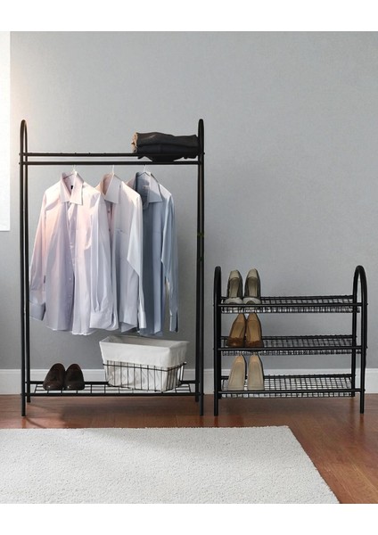 Dekoratif 2’li Set Siyah Metal 2 Raflı Elbise Askılığı ve 3 Raflı Ayakkabılık 2 Ürün Bir Arada