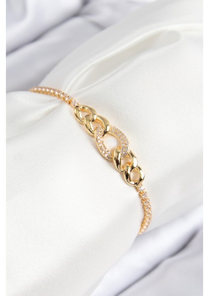 Pirinç Zirkon Taşlı Zincir Model Gold Renk Asansörlü Kadın Bileklik