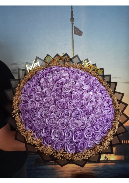 101 Lı Isteme Söz Nişan Solmayan Gül Buketi Lila Gül Dışı Siyah