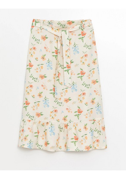 Lcw Kids Ekru Beli Lastikli Çiçekli Kız Çocuk Etek