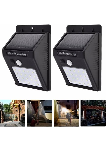 2 Adet Güneş Enerjili 20 LED Hareket Sensörlü Beyaz LED Işıklı Bahçe Aydınlatması