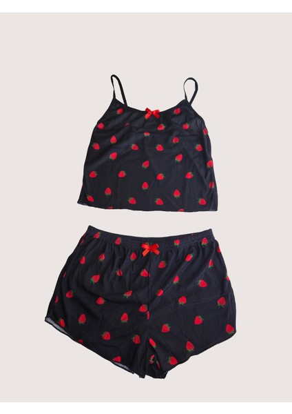 Kadın Askılı Pijama Takımı – Siyah, Çilek ve Kiraz Desenli, Şortlu, Rahat ve Şık (S-M / L-XL) fiyatları
