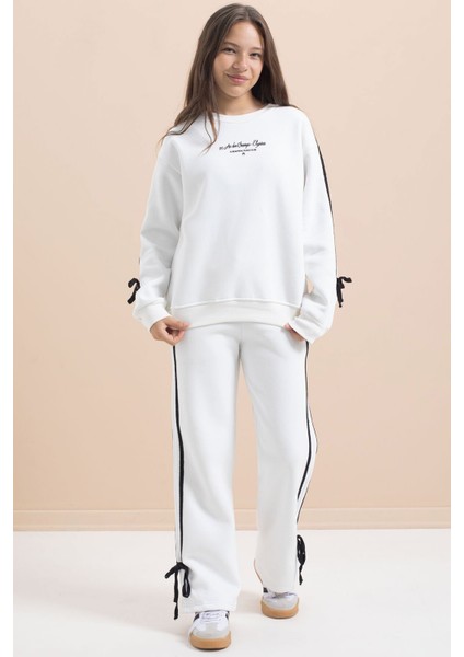 Beyaz Kız Çocuk Şerit Detaylı 3 Iplik Şardonlu Takım 21514