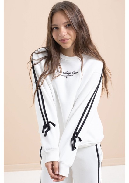 Beyaz Kız Çocuk Şerit Detaylı 3 Iplik Şardonlu Takım 21514 fiyatları