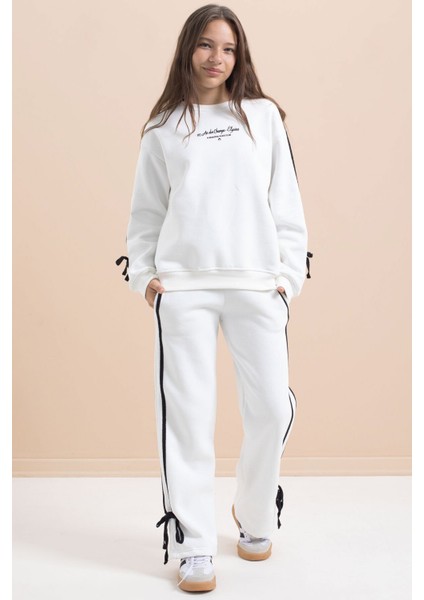 Beyaz Kız Çocuk Şerit Detaylı 3 Iplik Şardonlu Takım 21514 modelleri