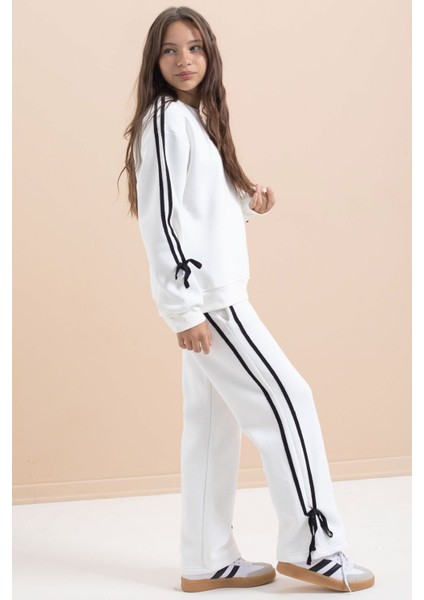 Beyaz Kız Çocuk Şerit Detaylı 3 Iplik Şardonlu Takım 21514 fırsatları