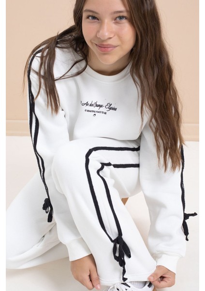 Beyaz Kız Çocuk Şerit Detaylı 3 Iplik Şardonlu Takım 21514 indirimleri