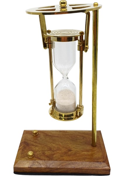 Pirinç Kum Saati Askılı Ahşap Tabanlı Döner Dekoratif Obje