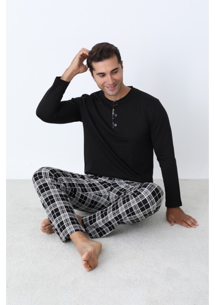 Erkek Pijama Takımı Büyük Beden Battal Uzun Kol Ekose Pamuklu Mevsimlik