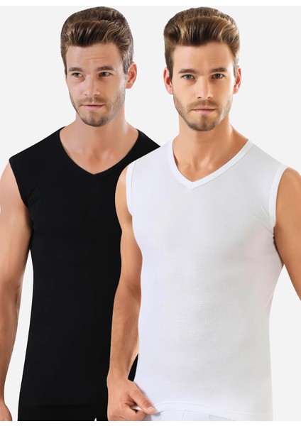 Erkek Siyah - Beyaz Tişört Sıfır Kol V Yaka Kolsuz Atlet 2'li Paket %100 Pamuklu