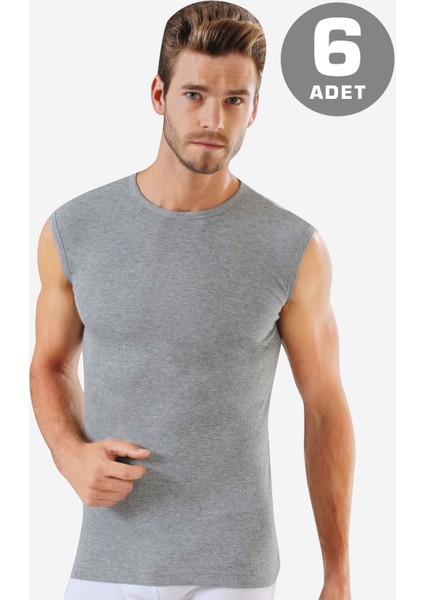 6 Adet Gri Kolsuz Erkek Atlet Yuvarlak Yaka Sıfır Kol Tişört %100 Pamuklu
