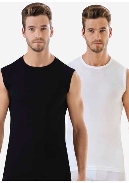 Erkek Beyaz - Siyah Tişört Sıfır Kol Sıfır Yaka Kolsuz Atlet 2'li %100 Pamuk