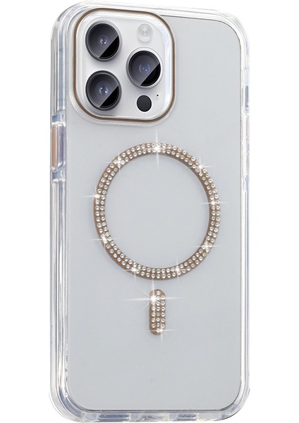 iPhone 14 Pro Max Kılıf Taşlı Tasarım M-Safe Şarj Özellikli Zore Koment Silikon Kapak - Gümüş