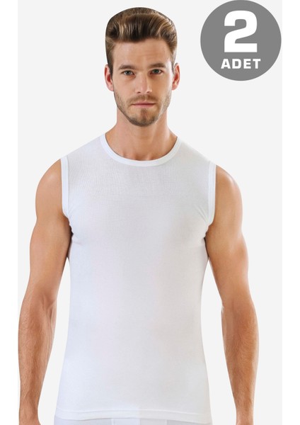 Erkek Pamuklu Beyaz Tişört Sıfır Kol Sıfır Yaka Kolsuz Atlet 2'li Paket