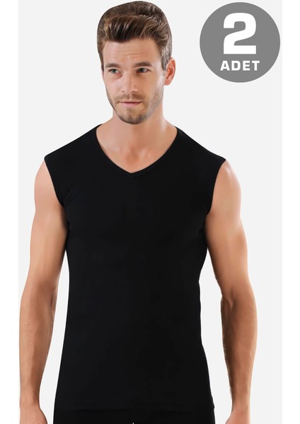 Erkek Siyah Pamuklu Tişört Sıfır Kol V Yaka Kolsuz Atlet 2'li Paket