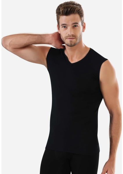 Erkek Siyah Pamuklu Tişört Sıfır Kol V Yaka Kolsuz Atlet 2'li Paket fiyatları
