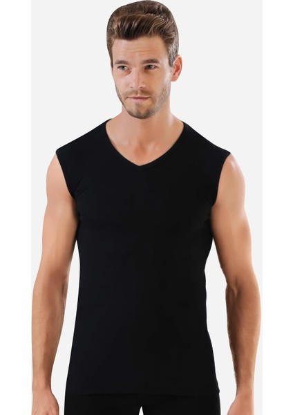 Erkek Siyah Pamuklu Tişört Sıfır Kol V Yaka Kolsuz Atlet 2'li Paket modelleri