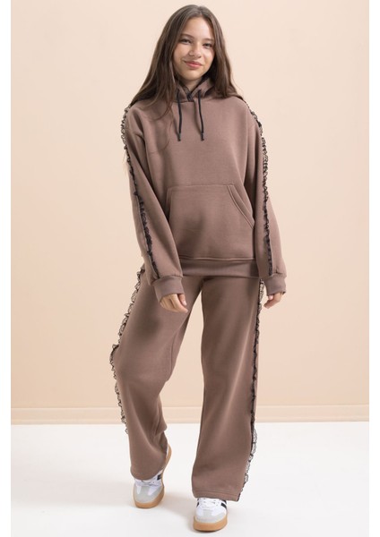 Kahverengi Kız Çocuk Şardonlu Dantel Detaylı 3 Iplik Takım 21505