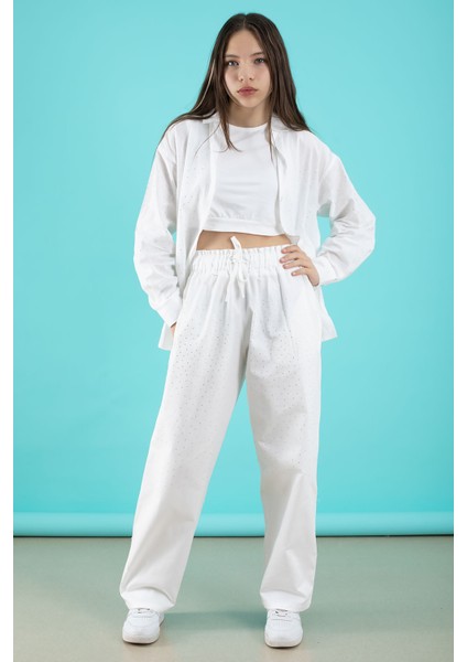 Beyaz Kız Çocuk Taş Detaylı Croplu 3lü Takım 20386