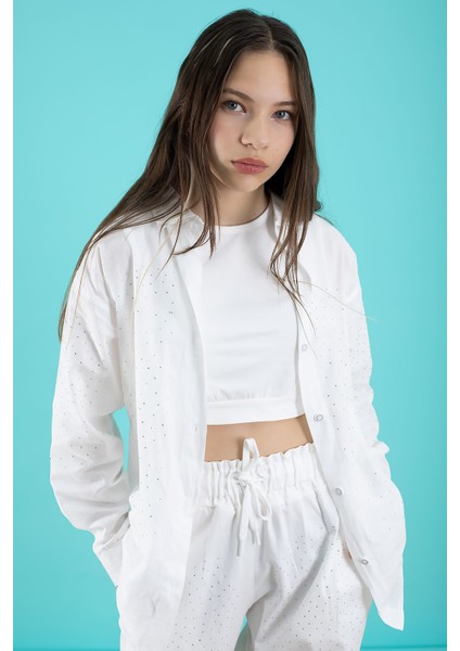 Beyaz Kız Çocuk Taş Detaylı Croplu 3lü Takım 20386 modelleri