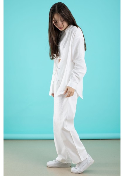 Beyaz Kız Çocuk Taş Detaylı Croplu 3lü Takım 20386 fırsatları