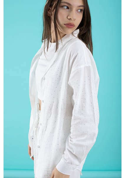 Beyaz Kız Çocuk Taş Detaylı Croplu 3lü Takım 20386 indirimleri