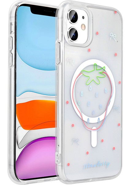 iPhone 11 Kılıf M-Safe Şarj Özellikli Şeffaf Zore Folk Sert Kapak - Çilek