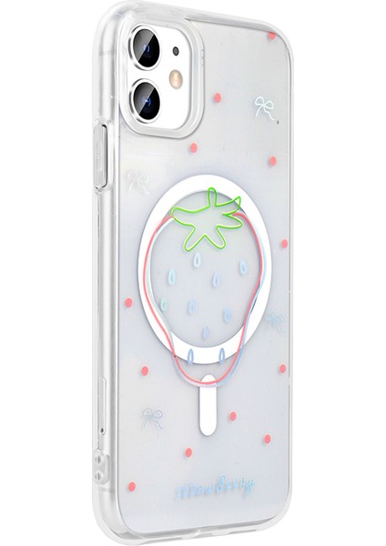 iPhone 11 Kılıf M-Safe Şarj Özellikli Şeffaf Zore Folk Sert Kapak - Çilek indirimleri