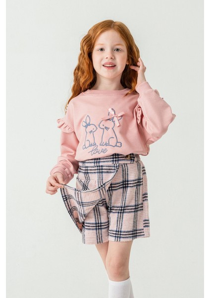 Pembe Kız Çocuk Tavşan Nakışlı Ekose Desenli Şort Etekli 2'li Takım 21537 modelleri