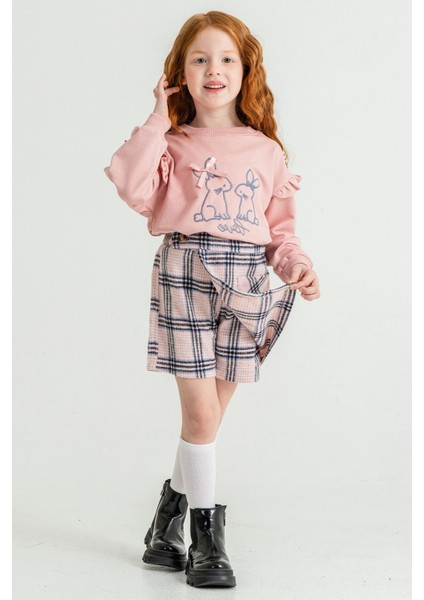 Pembe Kız Çocuk Tavşan Nakışlı Ekose Desenli Şort Etekli 2'li Takım 21537 fırsatları