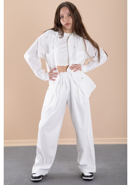 Beyaz Kız Çocuk Croplu Taşlı Gömlek ve Pantolonlu 3'lü Takım 20468