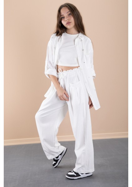 Beyaz Kız Çocuk Croplu Taşlı Gömlek ve Pantolonlu 3'lü Takım 20468 fiyatları