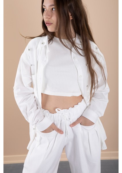 Beyaz Kız Çocuk Croplu Taşlı Gömlek ve Pantolonlu 3'lü Takım 20468 modelleri