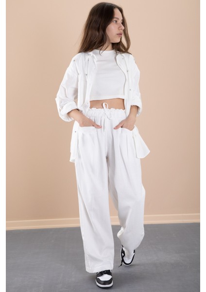 Beyaz Kız Çocuk Croplu Taşlı Gömlek ve Pantolonlu 3'lü Takım 20468 fırsatları